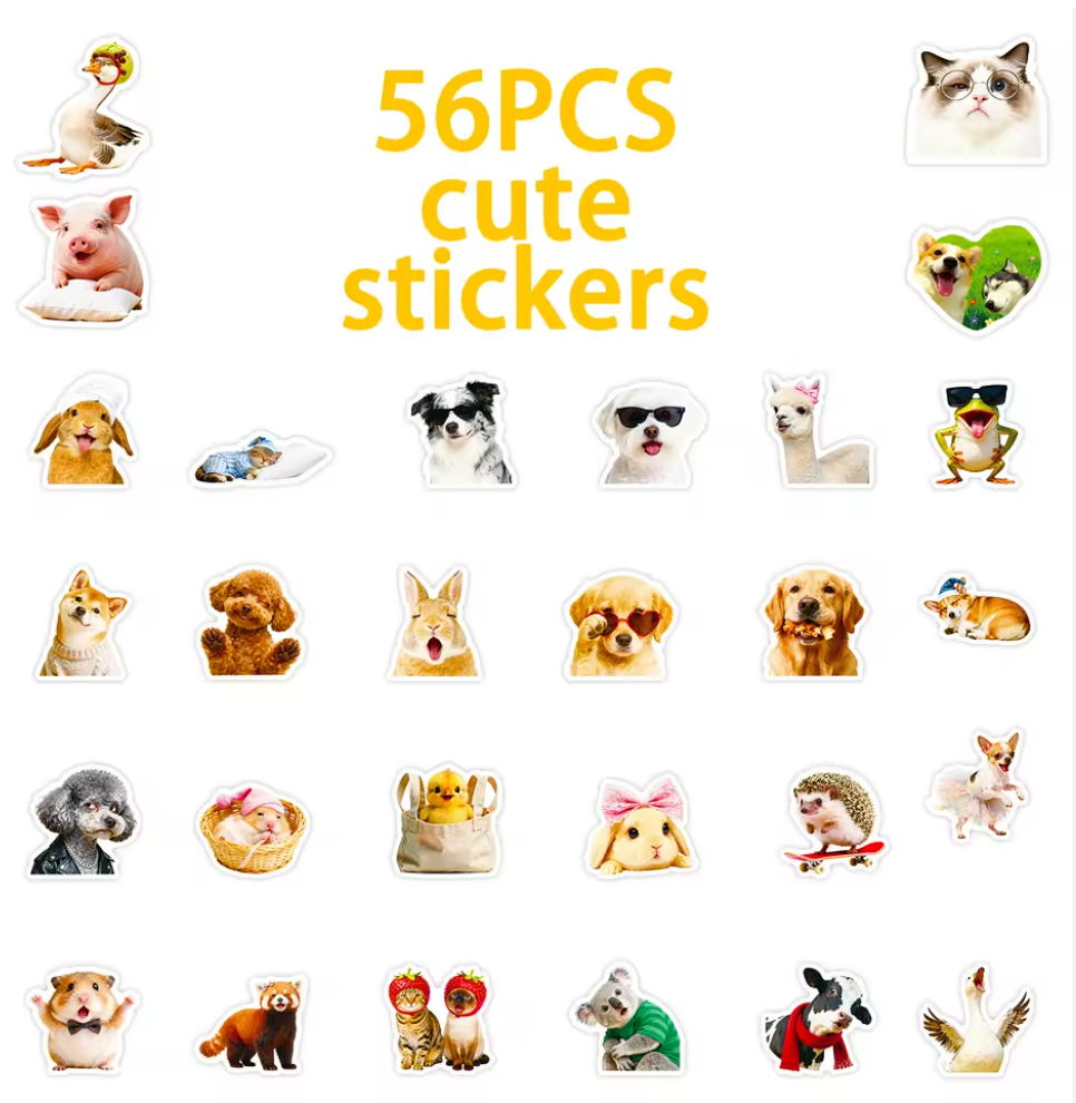 Funny Animal Sticker Pack – 56PCS Cute Waterproof Stickers